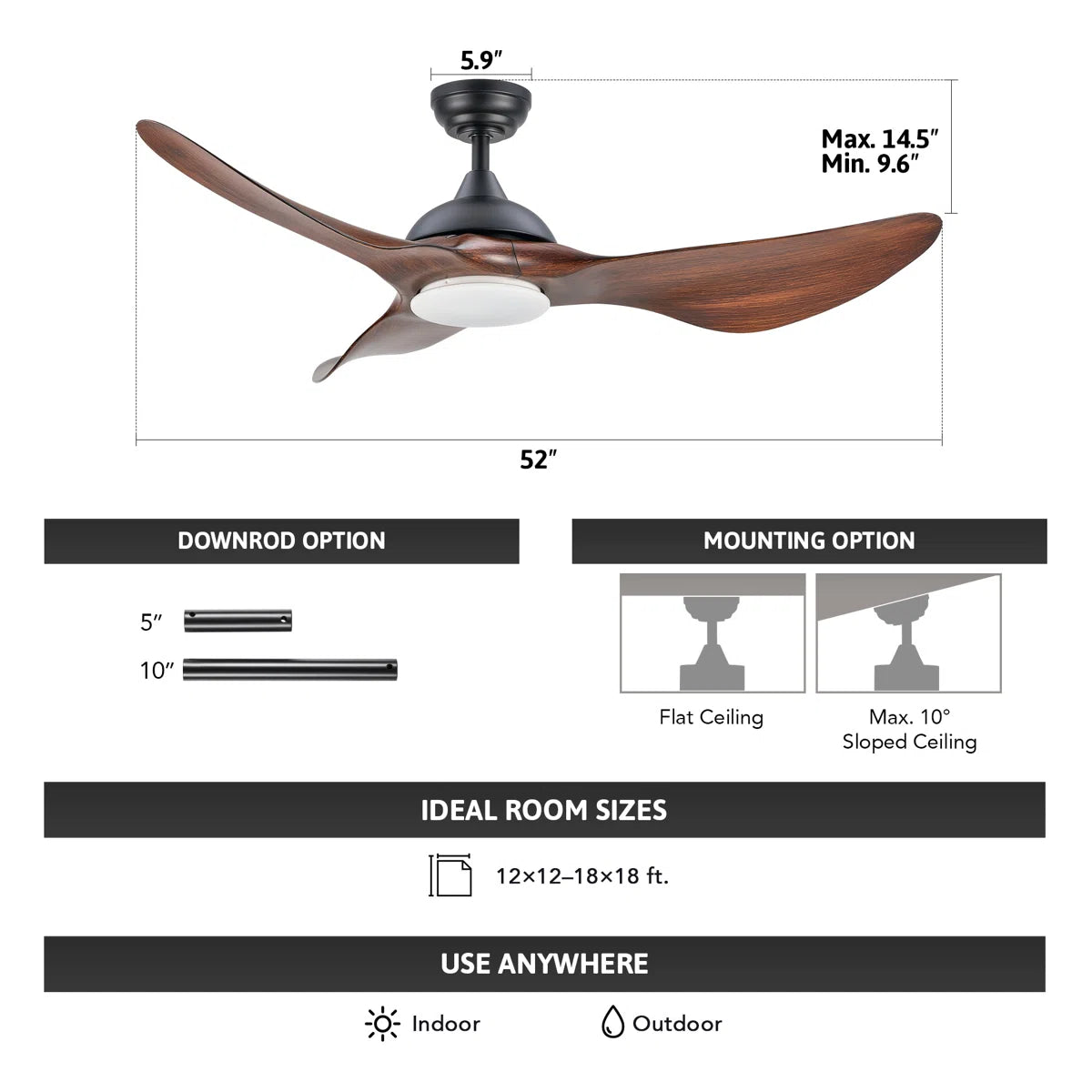 52” 3 - Blade Modern Farmhouse Waterproof Outdoor LED Ceiling Fan with Dimmable Light and Remote